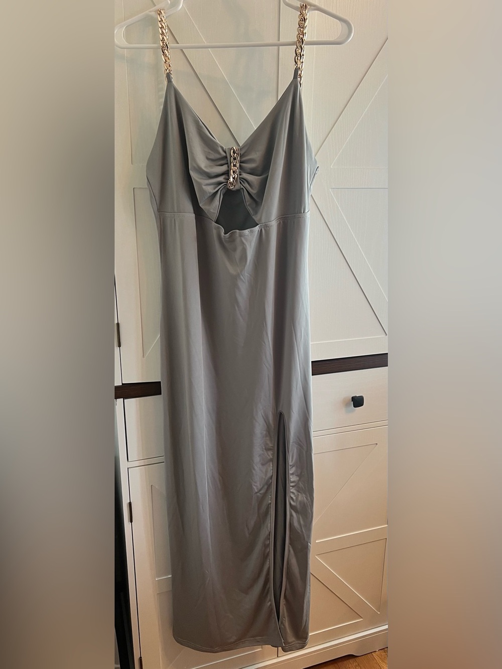 NWOT Sleek Gray Satin Slip Dress with Chain Detail
